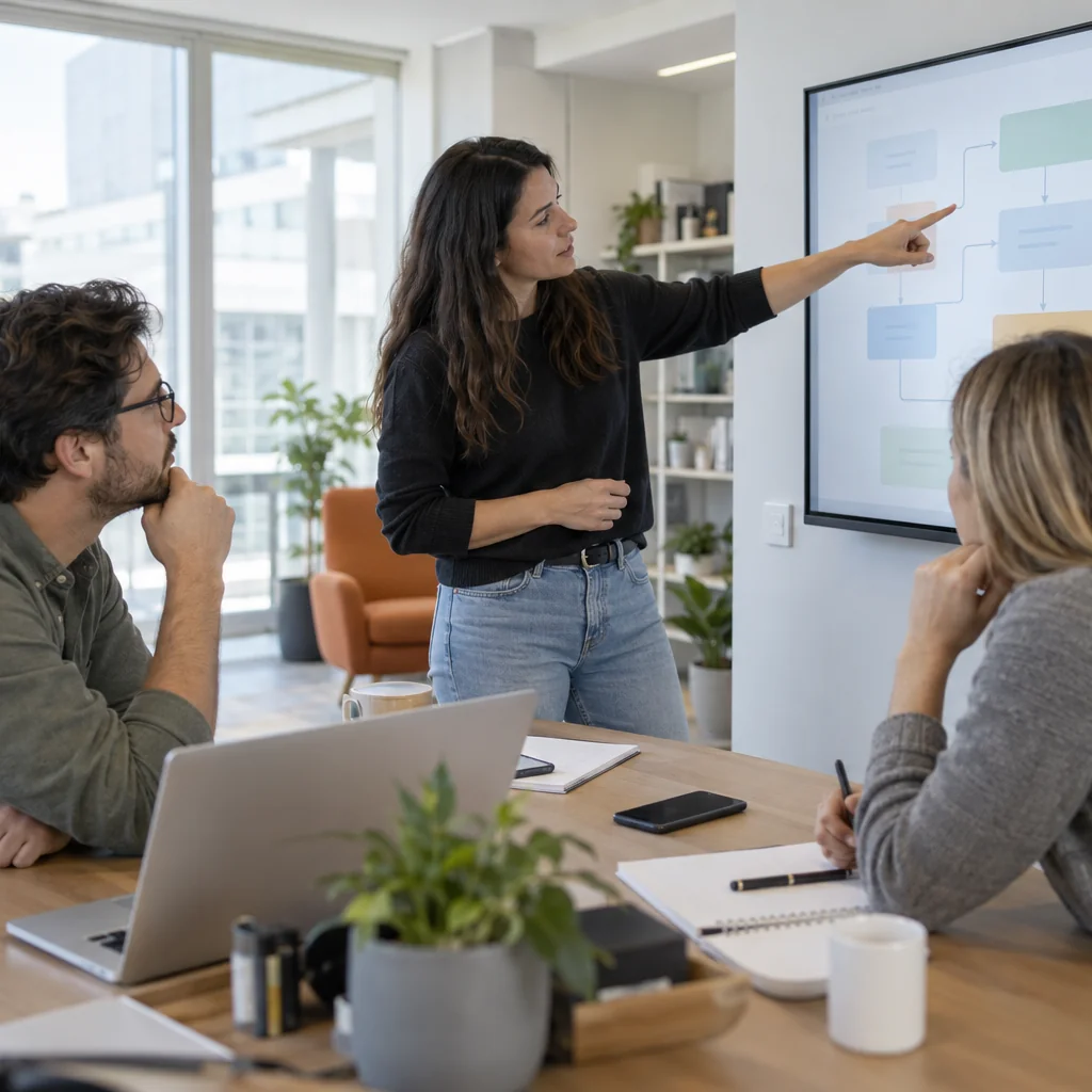 An AI and data team discussing a software workflow together in a bright contemporary workspace.
