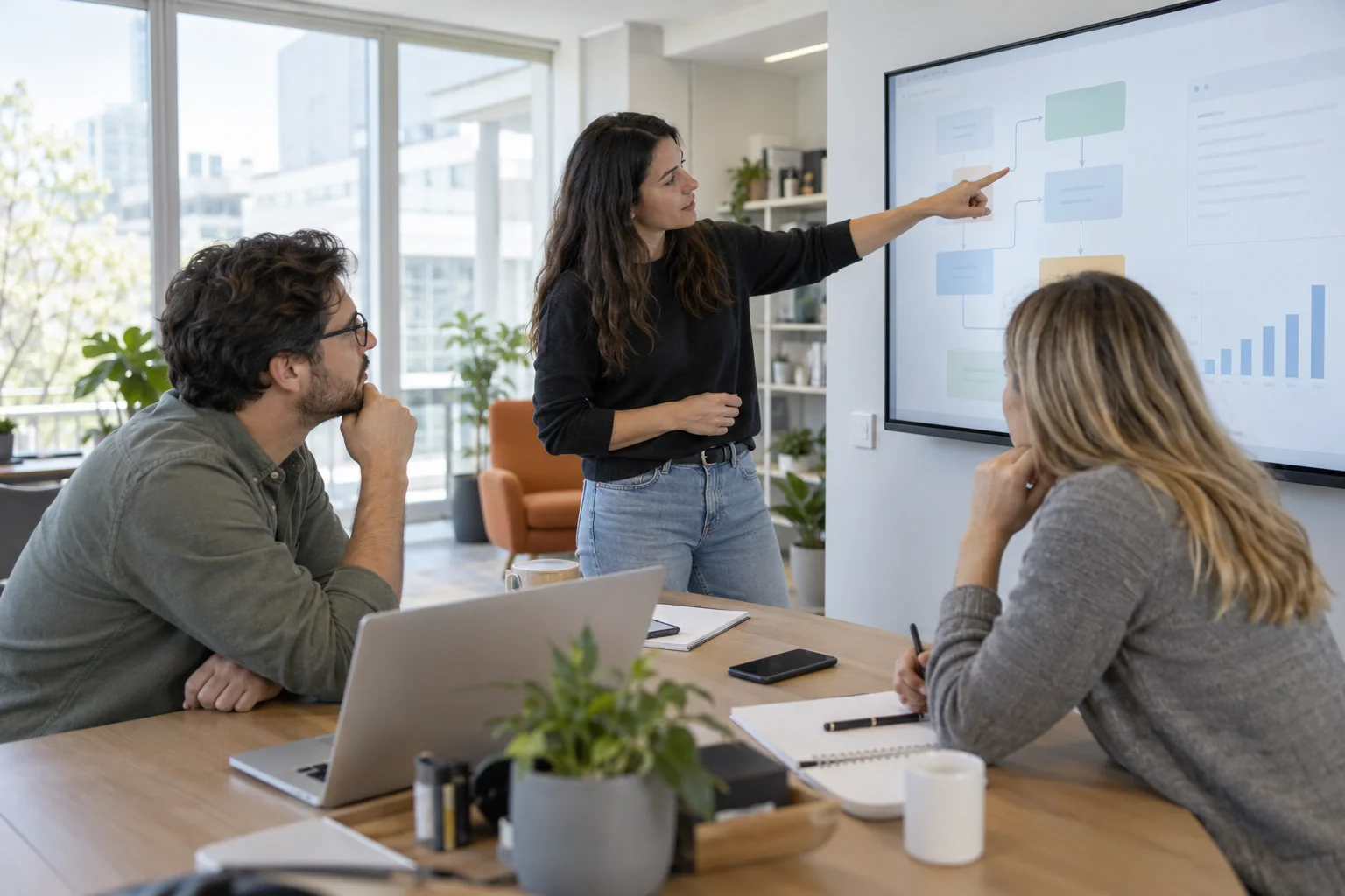 An AI and data team discussing a software workflow together in a bright contemporary workspace.