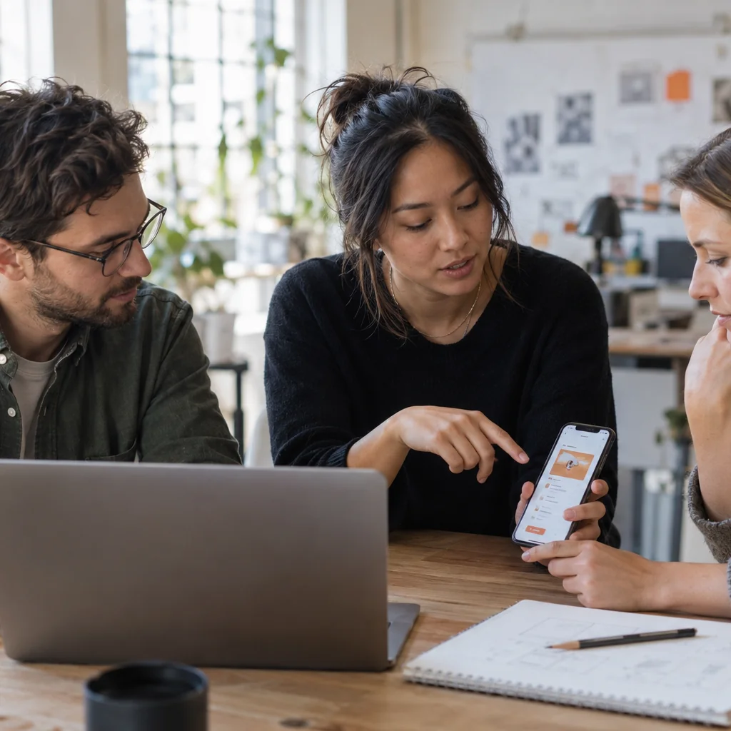 Product designers and developers working together to test a mobile experience at a studio desk.