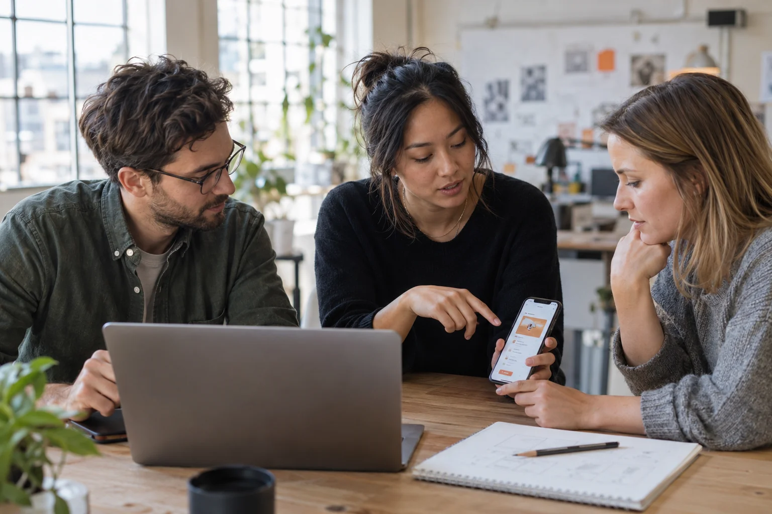 Product designers and developers working together to test a mobile experience at a studio desk.