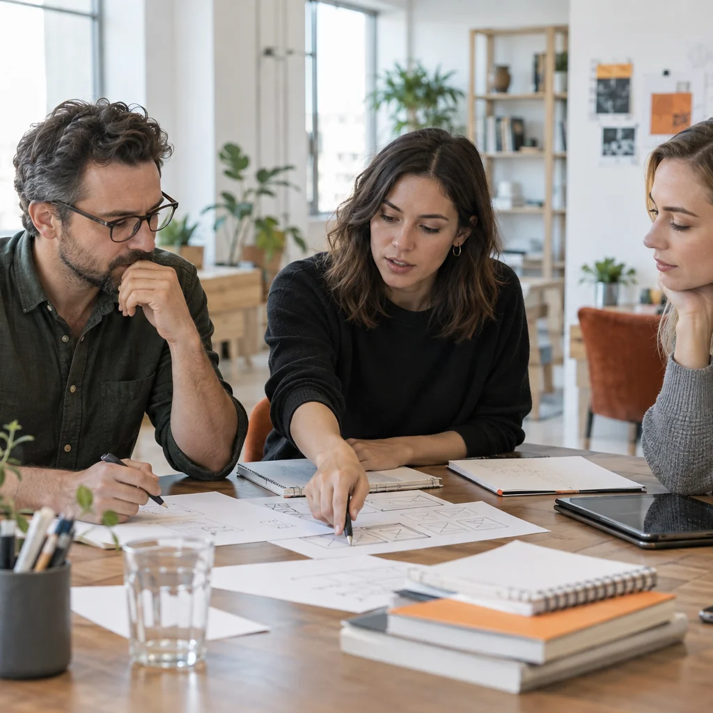 A product team discussing ideas and planning a digital product together in a contemporary workspace.