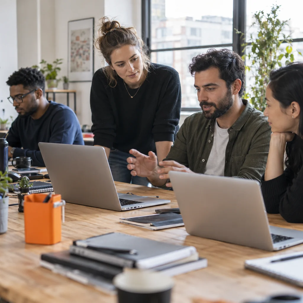 Software developers collaborating around laptops at a shared desk in a modern light-filled studio.